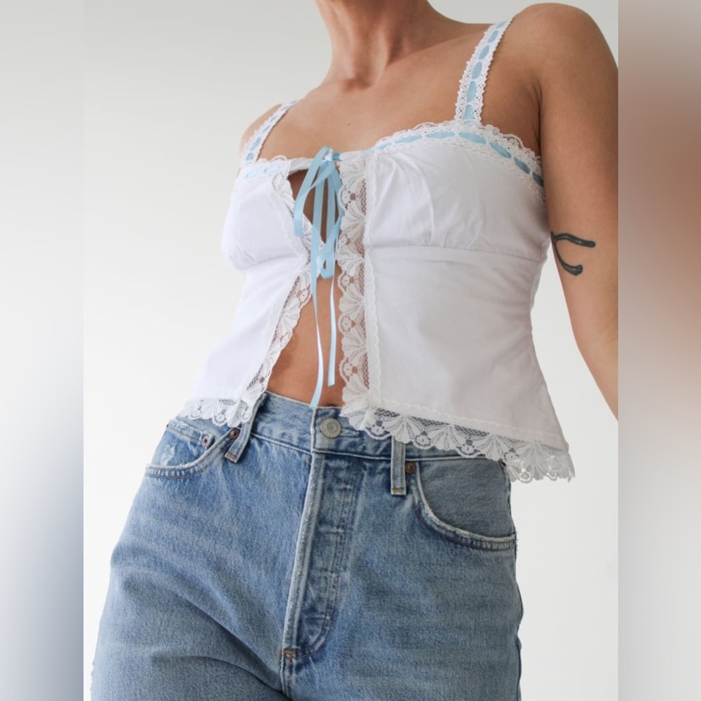 Rumored Vintage Love Cami Tank Cottagecore White Lace Blue Tie Size Large